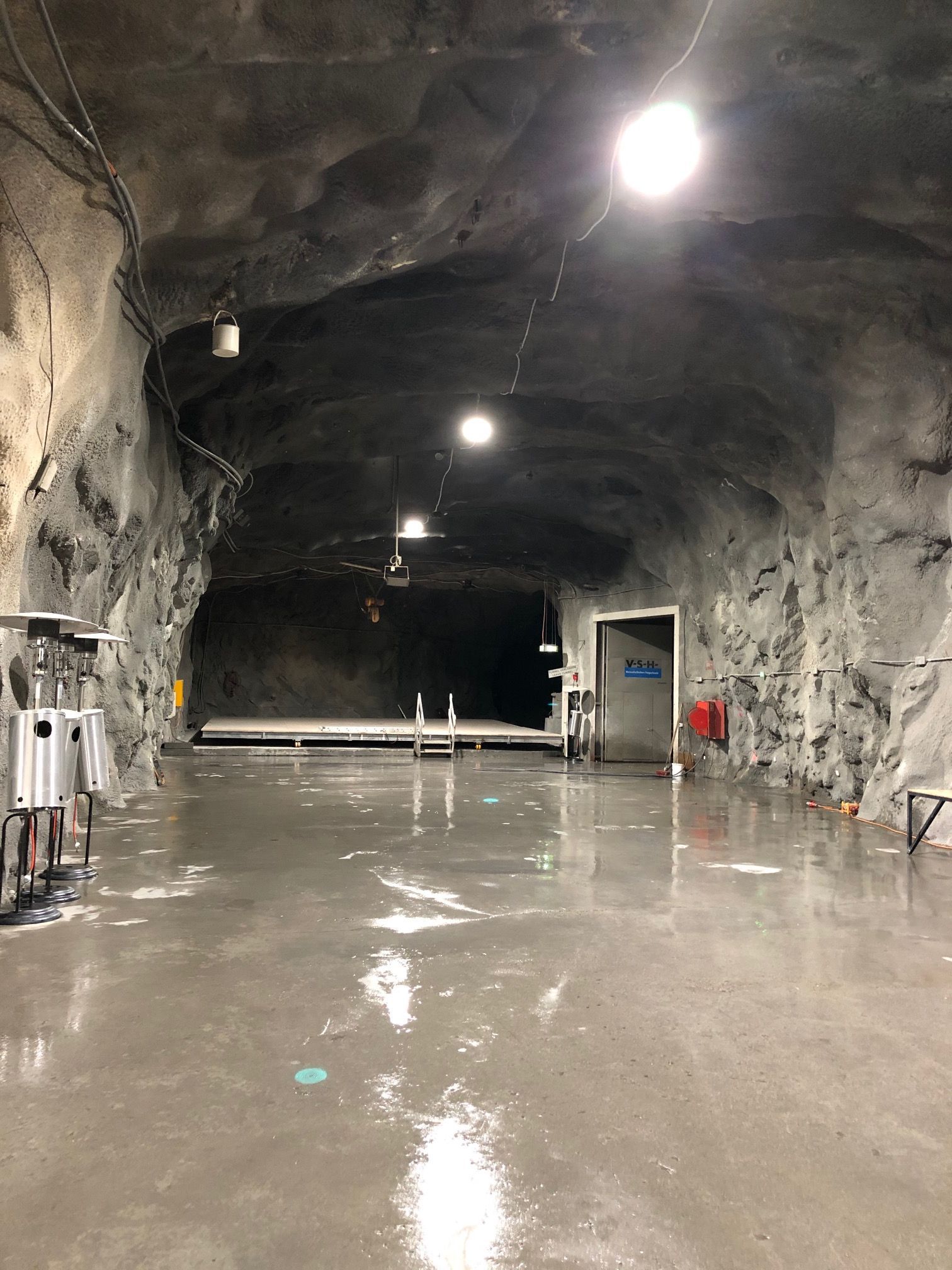 Test tunnel with mounted LED spotlights - safe, robust lighting for underground infrastructure tests