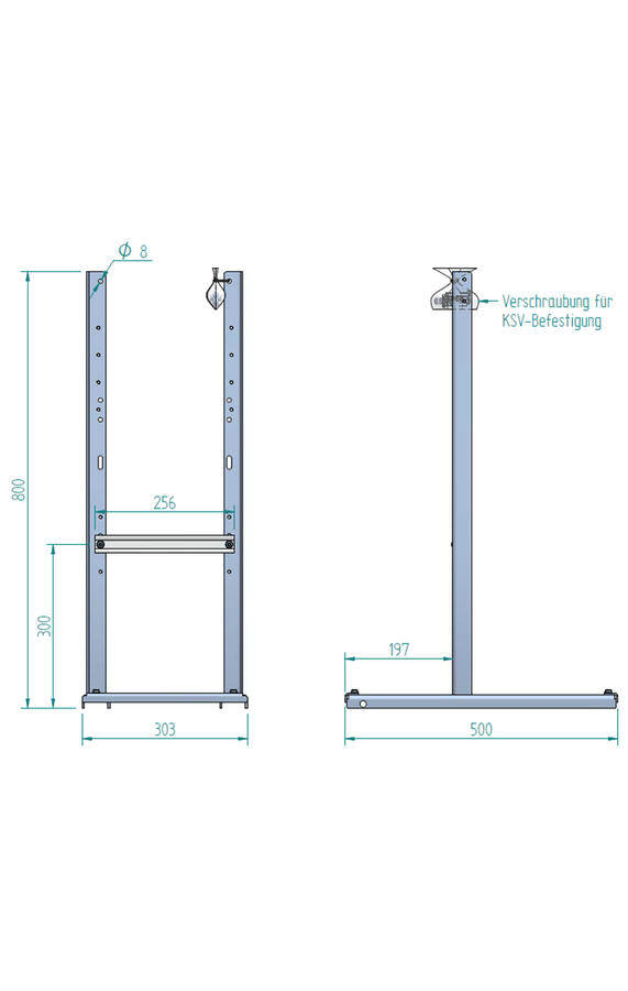 Support acier inox 800mm, avec rails en C,