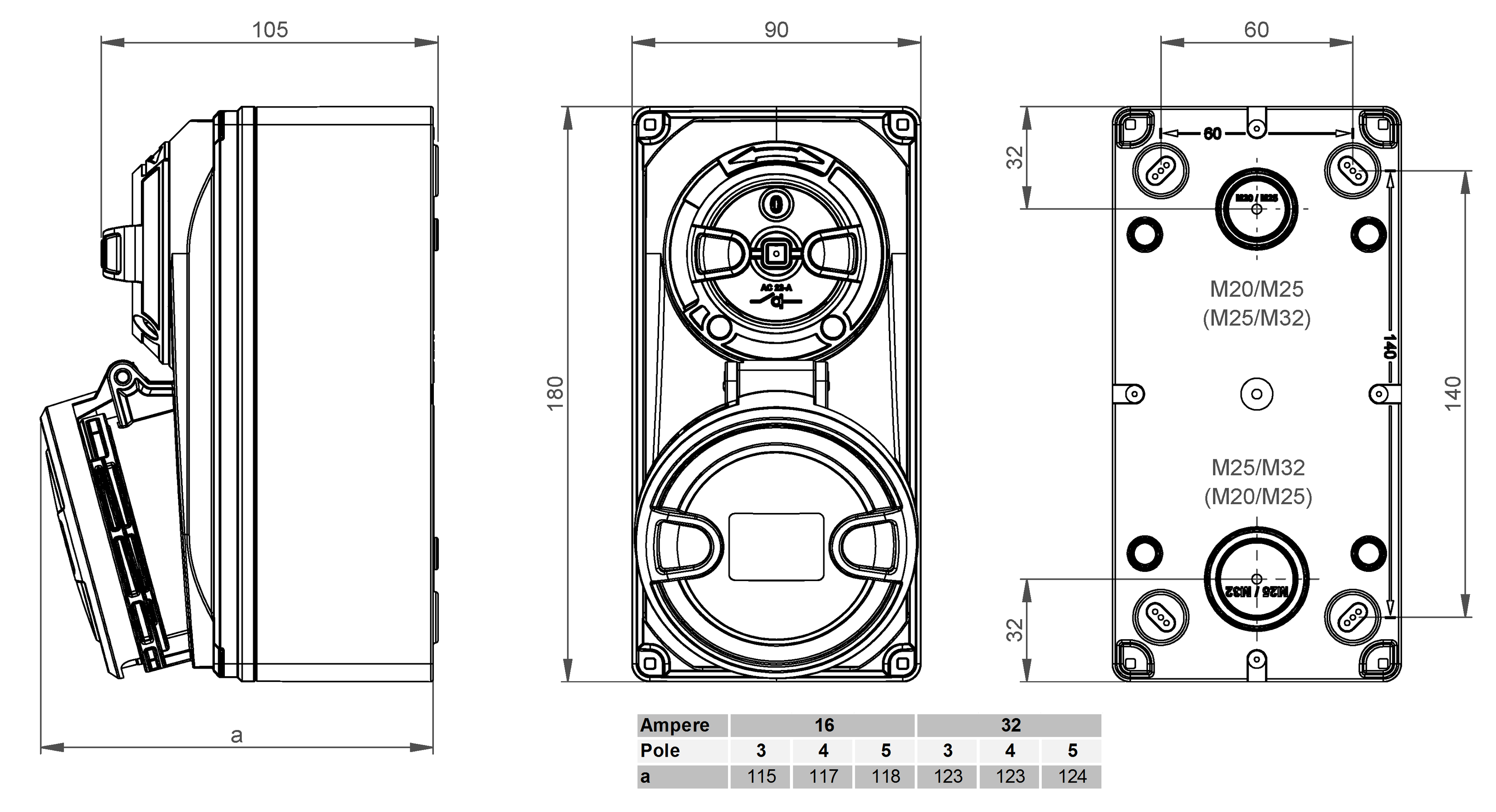 Presa da parete commutabila CEE IP44/IP54