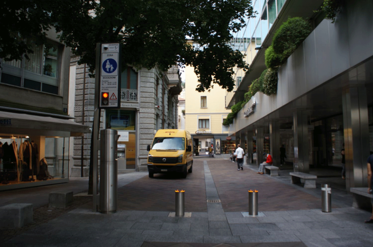 Retractable bollard system in operation in Lugano - automatic GIFAS bollards for access control and safe traffic guidance in the city center
