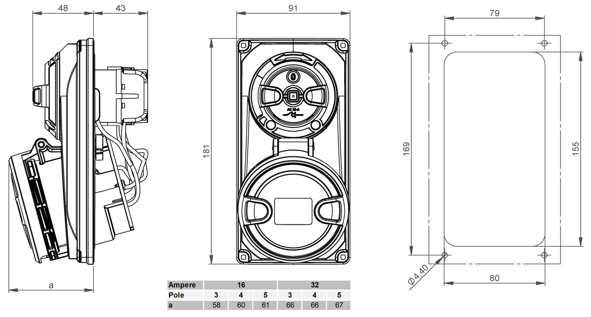 Presa da parete commutabila CEE IP44/IP54