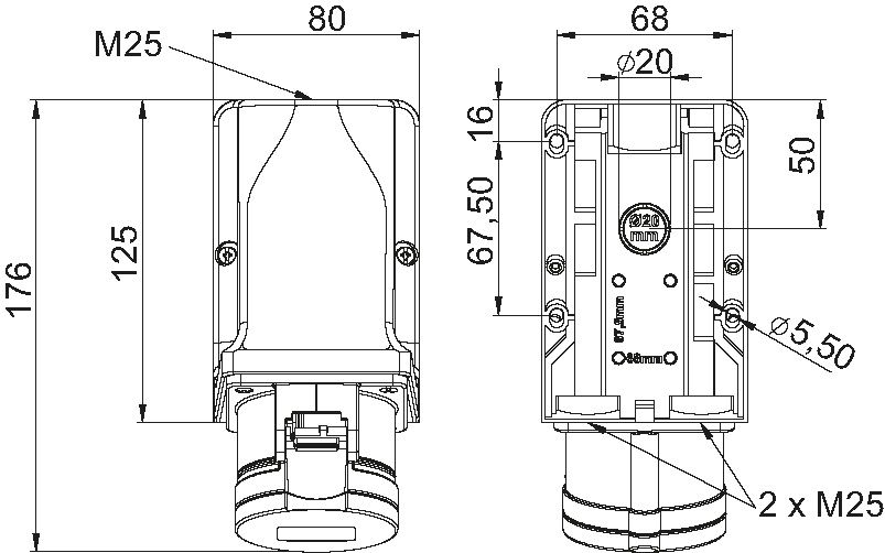 Wall socket CEE for wiring through IP44