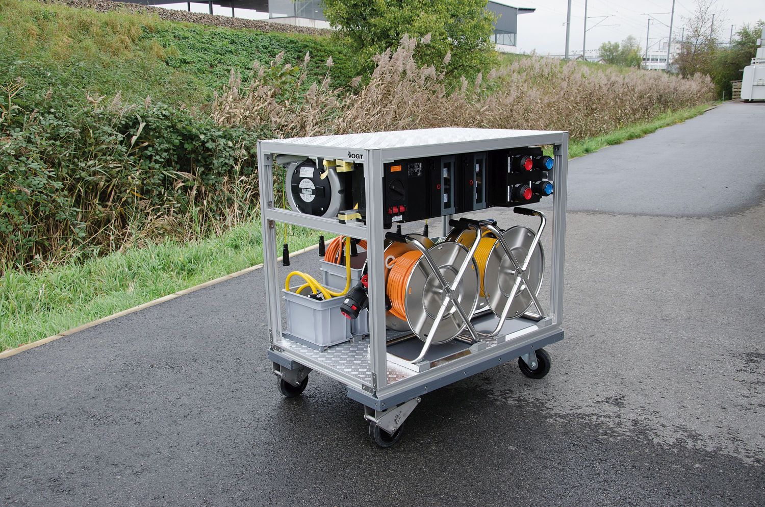 Mobile fire department distribution trolley with cable reels - flexible and safe power distribution for outdoor rescue operations