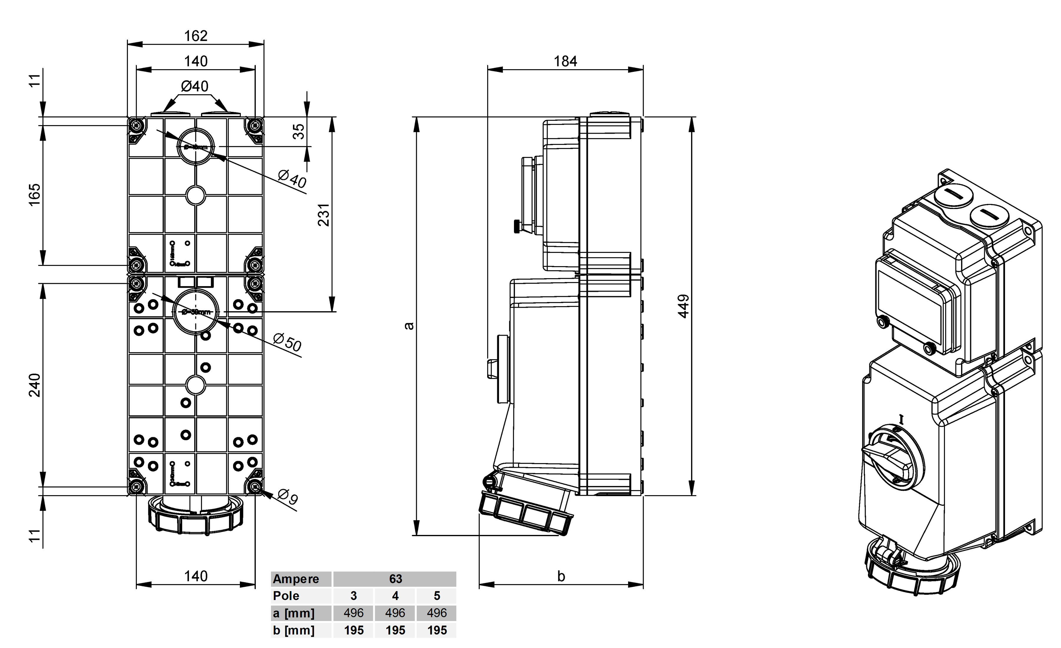 Safety wall socket with master switch CEE 63A/400V,