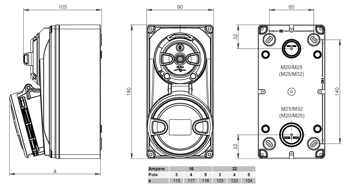 Presa da parete commutabila CEE IP44/IP54