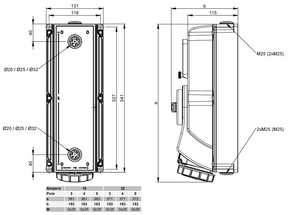 Presa da parete commutabila CEE IP67