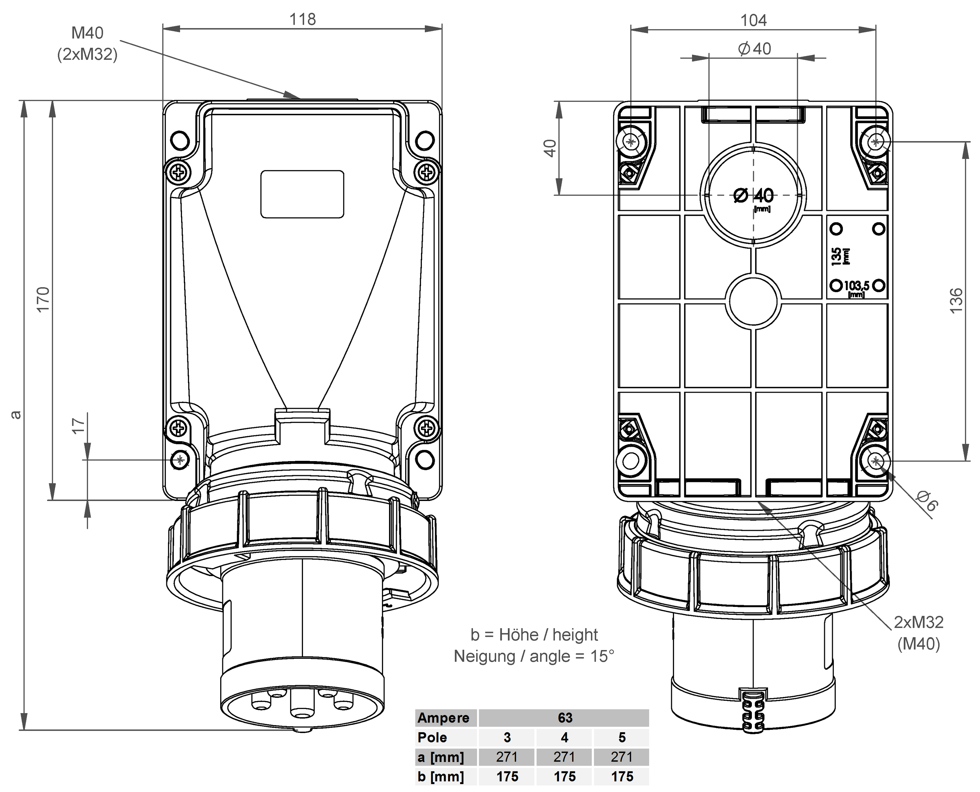 Plastic wall plug CEE 63A/400V, 3P+N+PE/6h, IP67