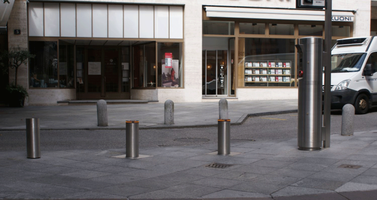 Drop-down bollard system in Lugano - automated GIFAS bollards with LED signaling for safe access control in the city centre