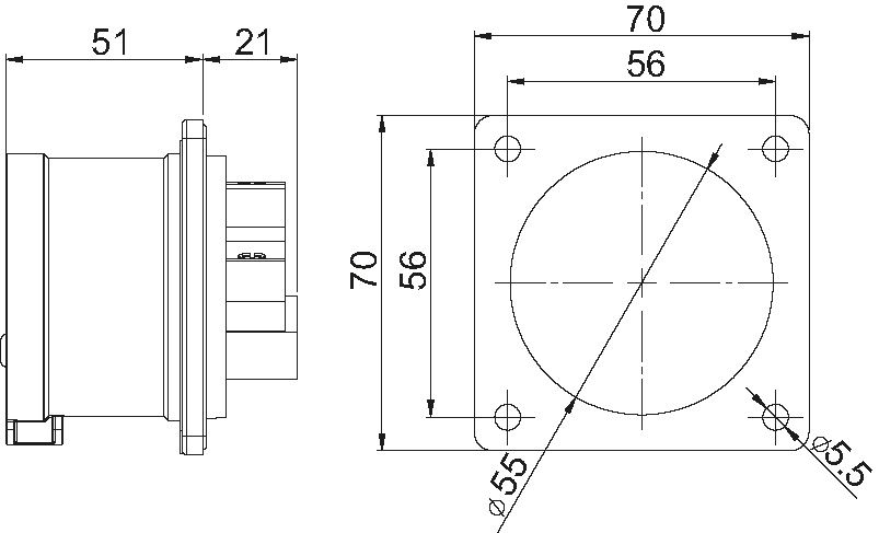 Plastic built-in plug CEE 32A/400V, 3P+N+PE/6h, IP44