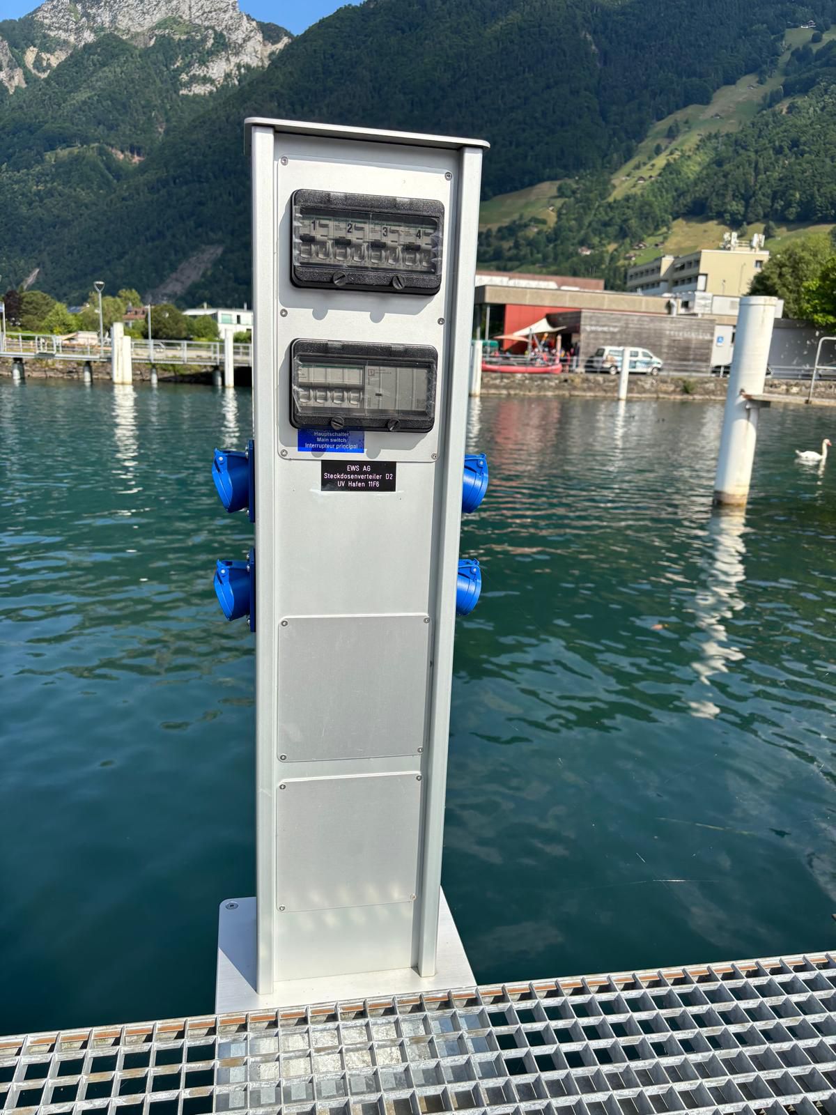 Stainless steel energy column at Fohnhafen Brunnen - secure power supply for ships and port facilities on the water