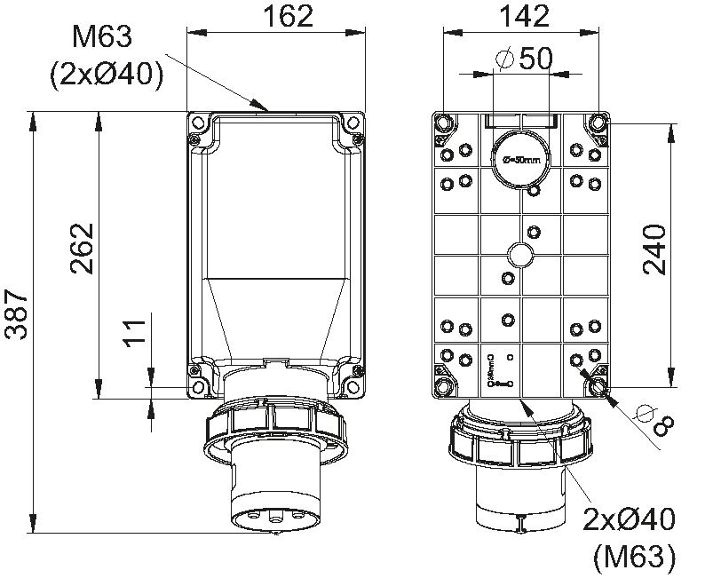 Plastic wall plug CEE 125A/500V, 3P+PE/7h, IP67