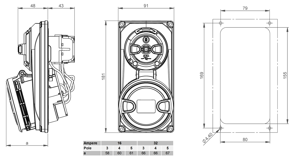 Presa da parete commutabila CEE IP44