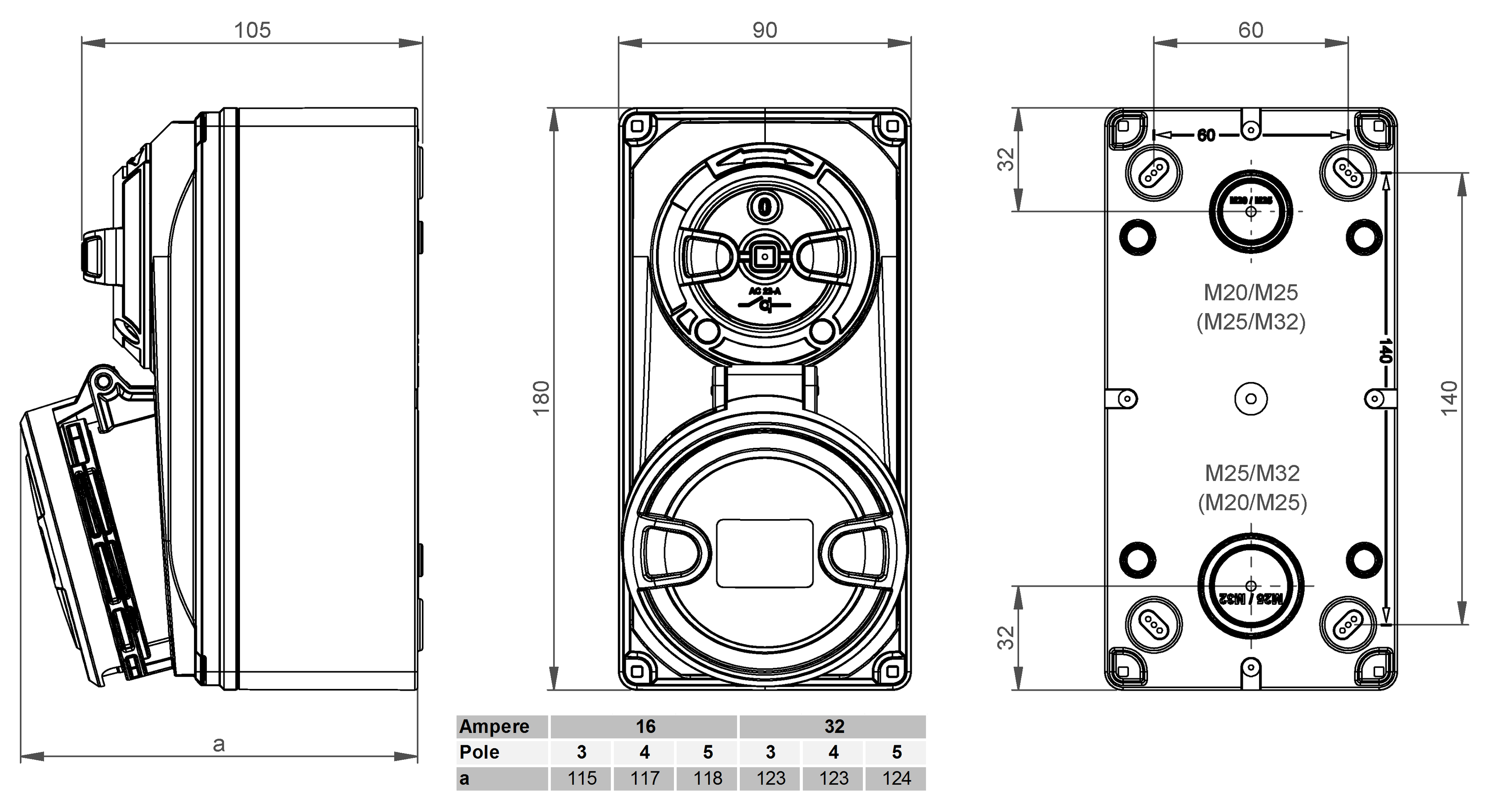 Safety socket with master switch CEE IP44/IP54