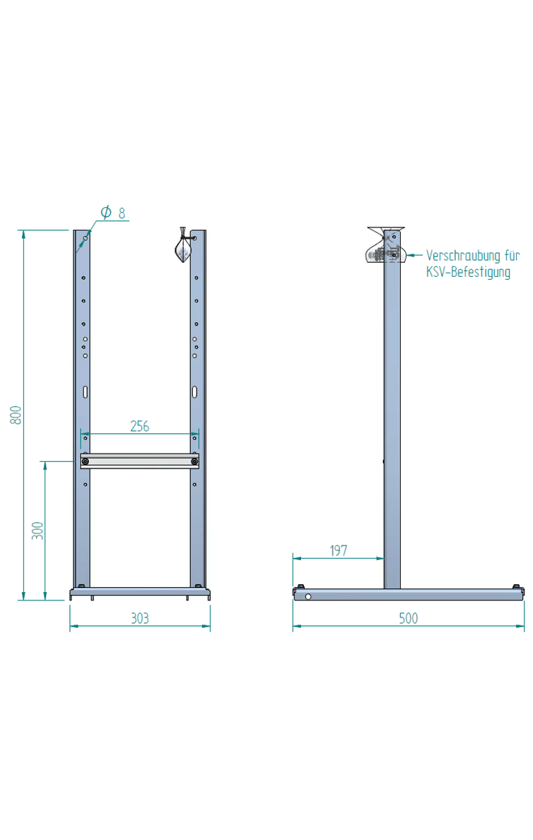 Support acier inox 800mm, avec rails en C,