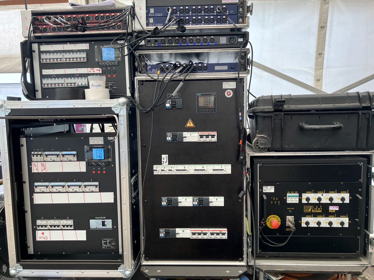 Boîtier de distribution de courant avec unités de mesure et de sécurité - alimentation centrale en énergie pour la technique scénique et événementielle