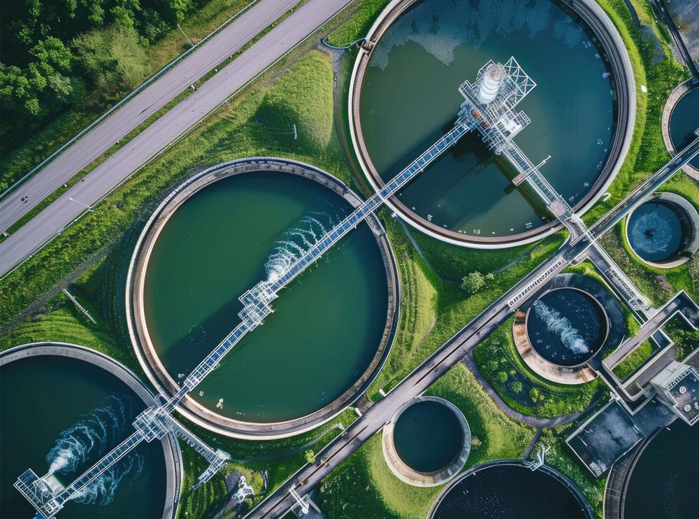 Infrastruttura di alimentazione - vista aerea di un impianto di trattamento delle acque reflue con chiarificatori circolari
