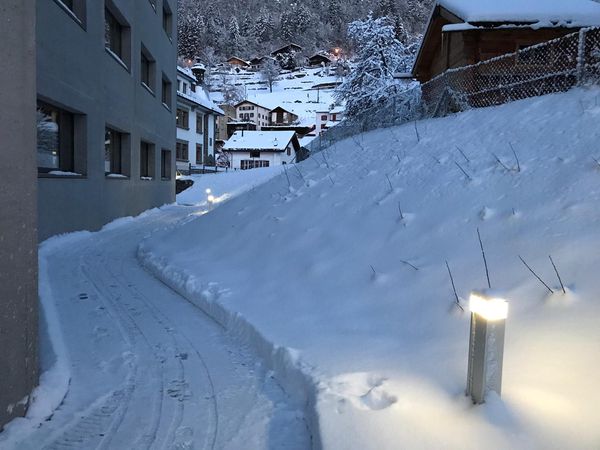 Des lampadaires à LED le long d'un chemin piétonnier enneigé assurent un éclairage sûr en hiver