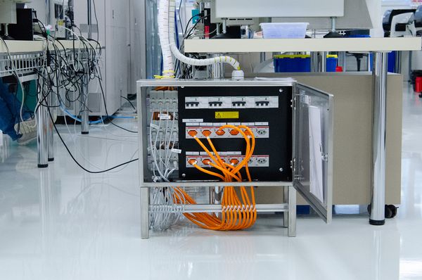 Impianto elettrico di laboratorio con scatole di derivazione a parete, cablaggi e componenti tecnici a Goldach