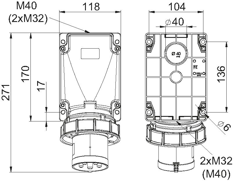 Plastic wall plug CEE 63A/500V, 3P+PE/7h, IP67