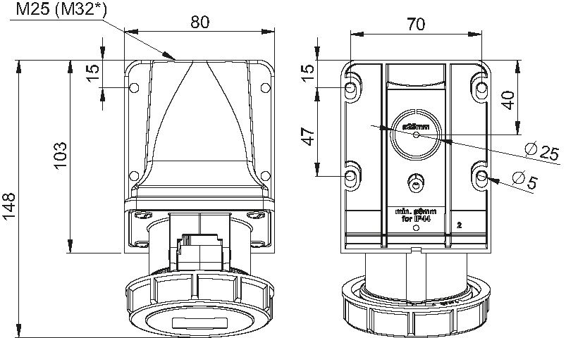 Presa da parete nera in plastica CEE IP67