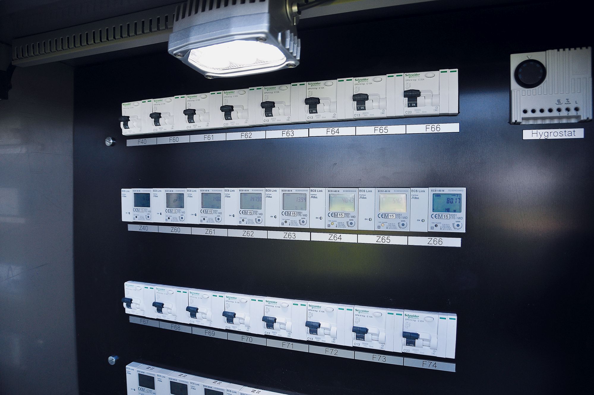 Vue intérieure d'une distribution électrique GIFAS dans le parc de mobil-homes de Steinach - Interrupteurs, compteurs et composants de protection pour une alimentation en énergie sûre
