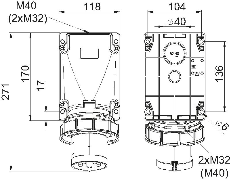 Plastic wall plug CEE 63A/400V, 3P+N+PE/6h, IP67