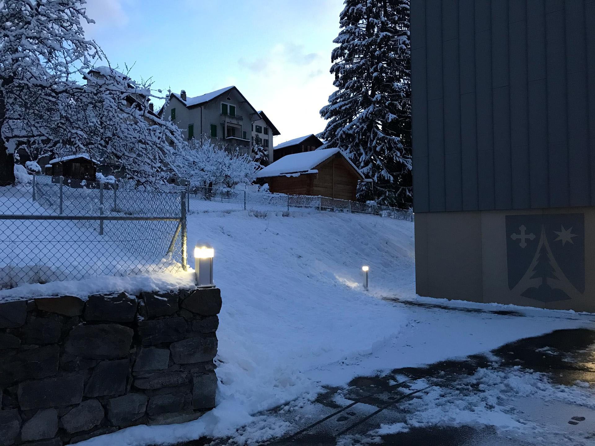 Des luminaires directionnels à LED éclairent un chemin piétonnier enneigé dans un quartier résidentiel et assurent une orientation sûre