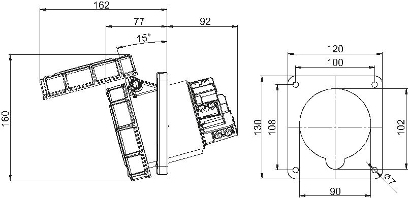 Plastic built-in socket CEE 125A/400V, 3P+PE/6h, IP67,