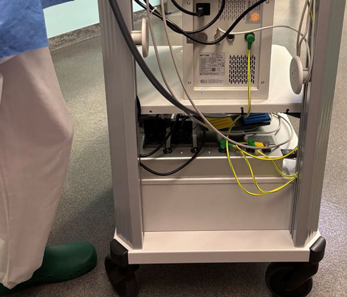 Power supply unit with earthing contact sockets and equipotential bonding in a medical equipment trolley, taken at the Clinique de La Source Lausanne.
