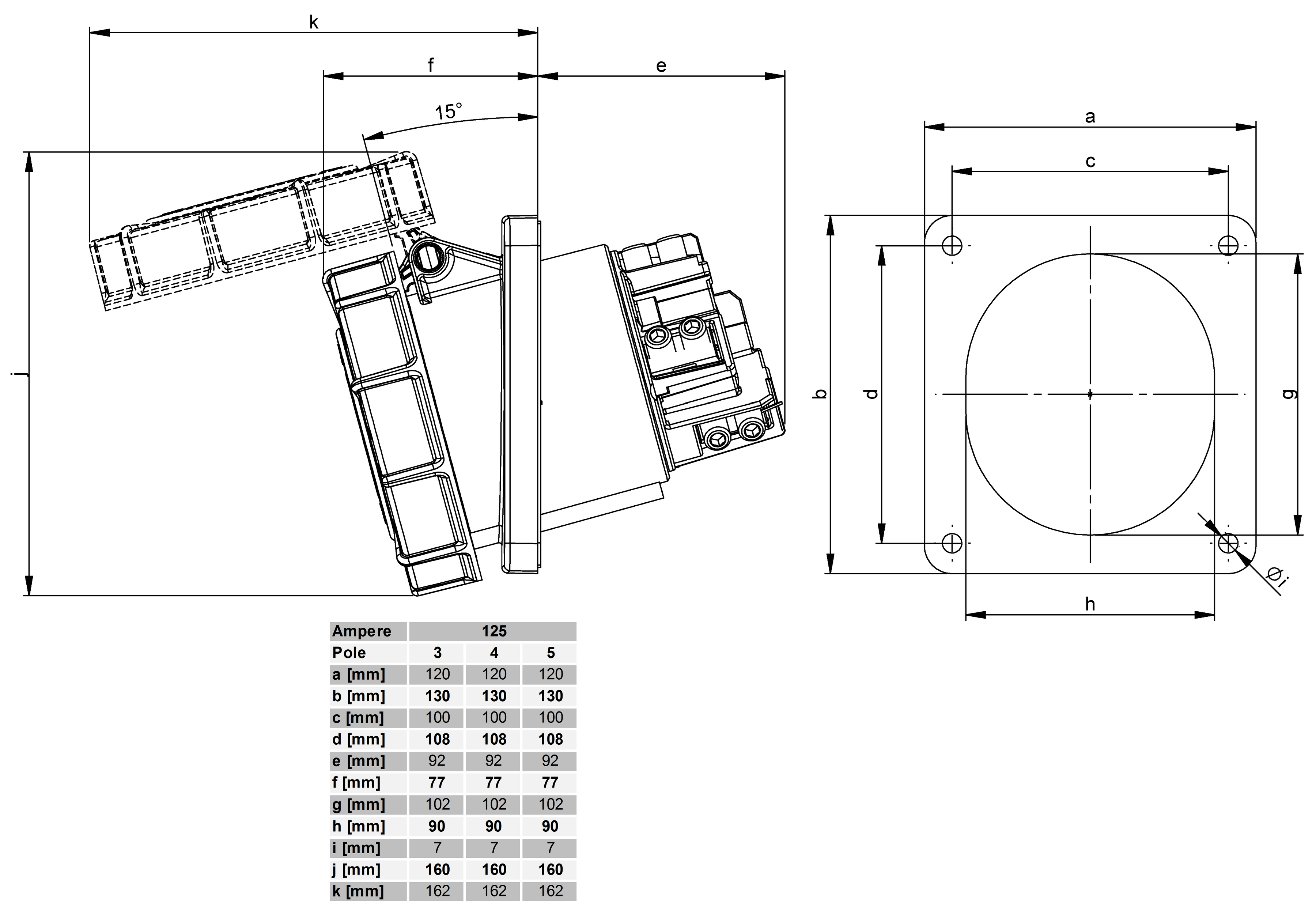 Plastic built-in socket CEE 125A/400V, 3P+N+PE/6h, IP67,