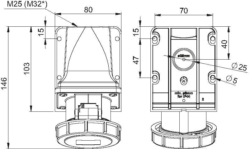 Plastic wall socket CEE 16A/230V, 2P+PE/6h, IP67