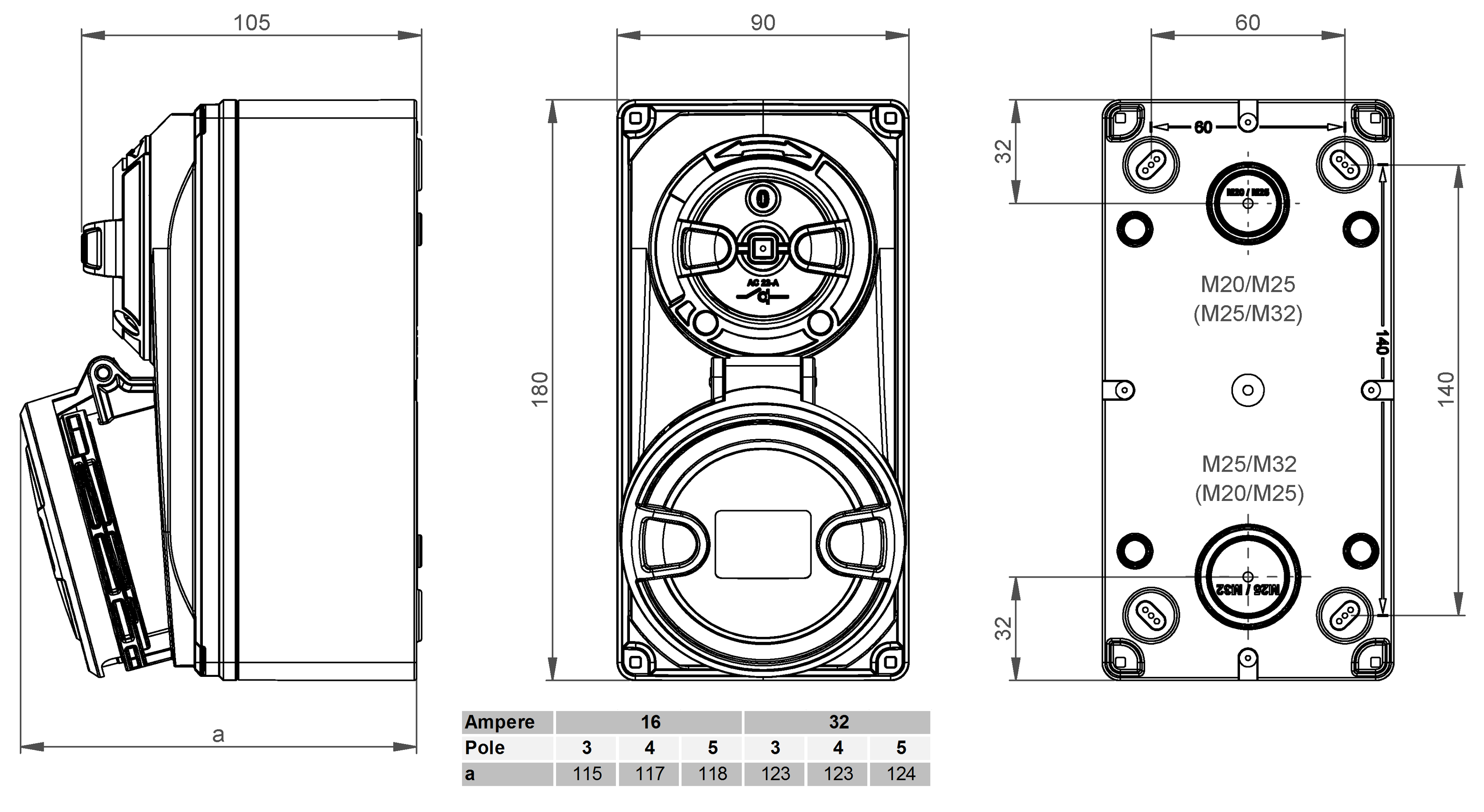 Safety socket with master switch CEE IP44/IP54