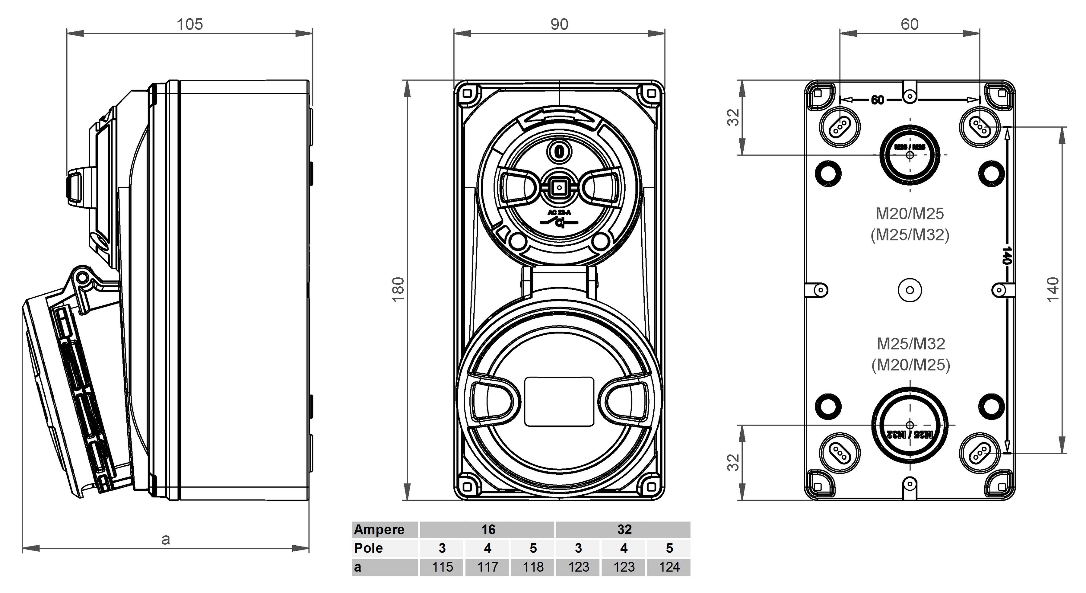 Presa da parete commutabila CEE IP44/IP54
