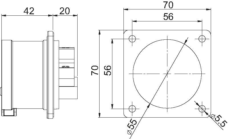 Plastic built-in plug CEE 16A/400V, 3P+N+PE/6h, IP44