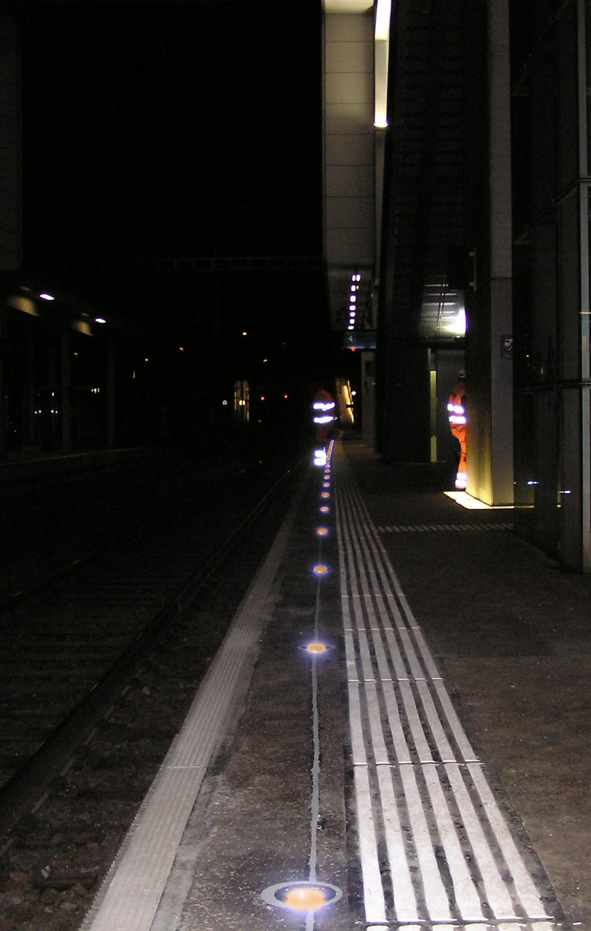 LED safety lighting along the platform edge at night at Wankdorf station