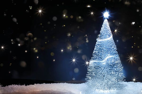 Sapin de Noël lumineux dans la neige sur fond de ciel nocturne sombre avec des étoiles scintillantes