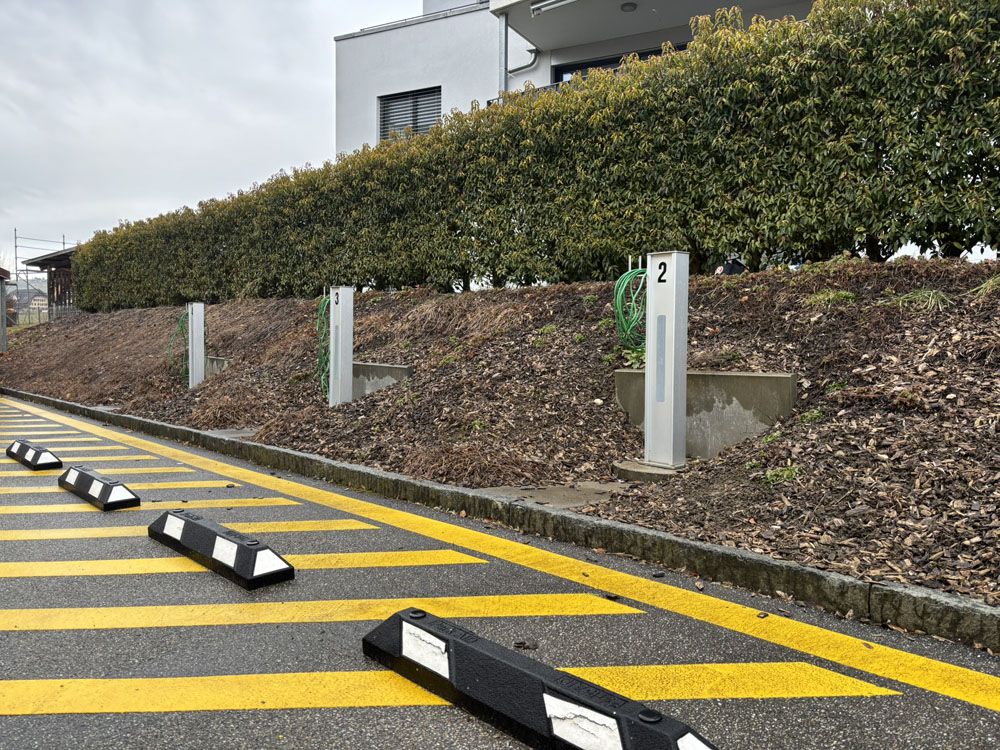 Diverse colonne di energia per l'alimentazione dei veicoli di emergenza in un'area segnalata per il servizio di soccorso