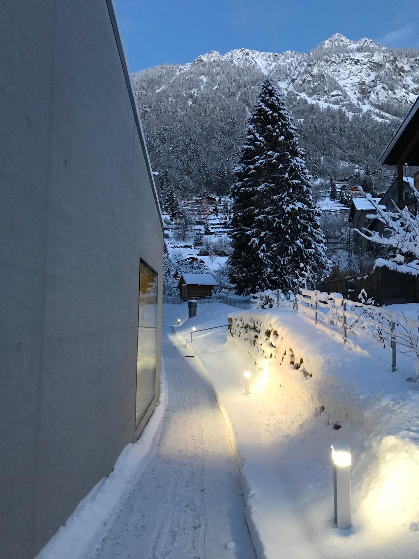 Les luminaires directionnels à LED éclairent un chemin piétonnier enneigé dans l'espace public et permettent de s'orienter en toute sécurité dans l'obscurité