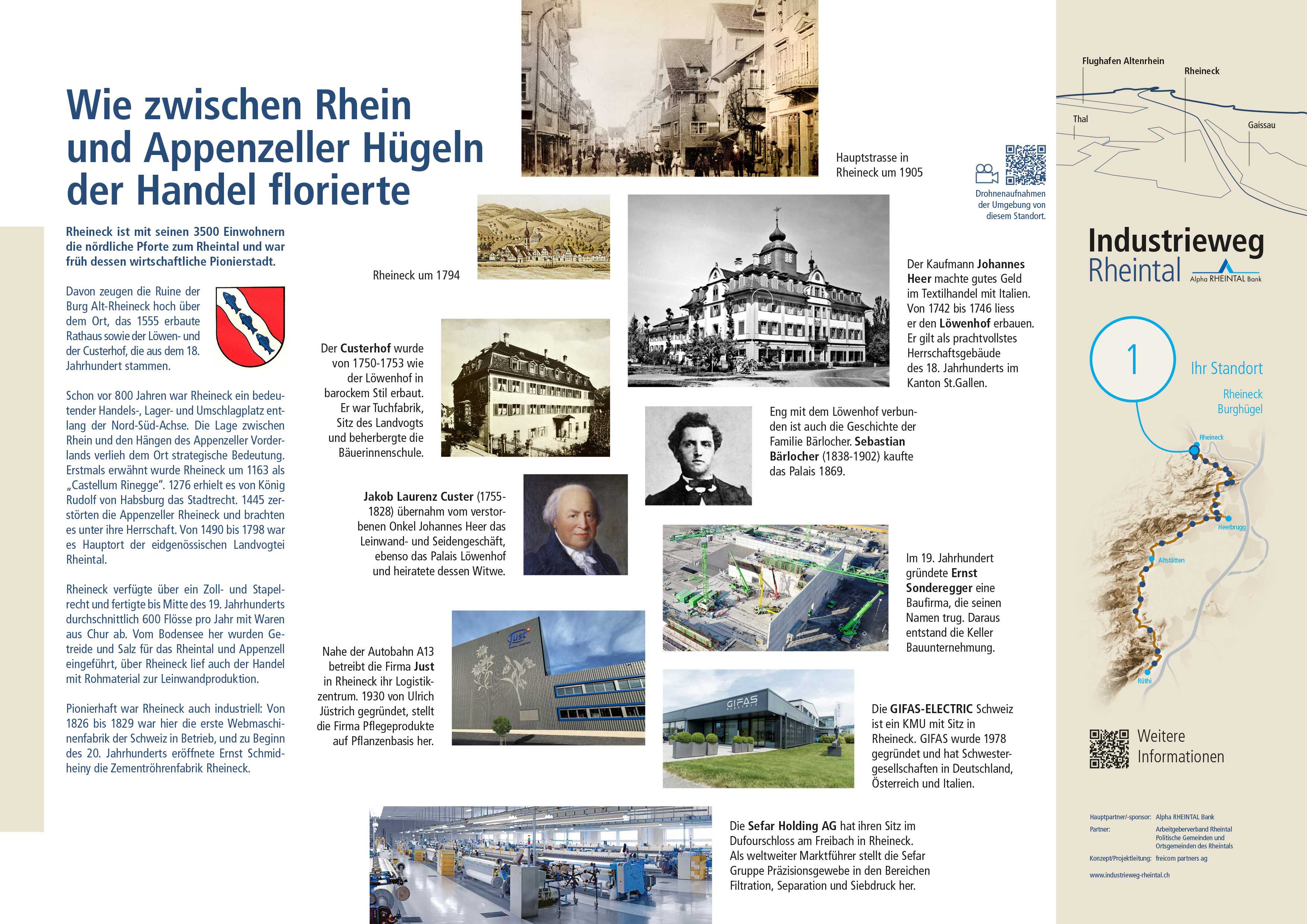 Infotafel zum Industrieweg Rheintal in Rheineck – geschichtlicher Überblick mit Standort der GIFAS-ELECTRIC Schweiz.