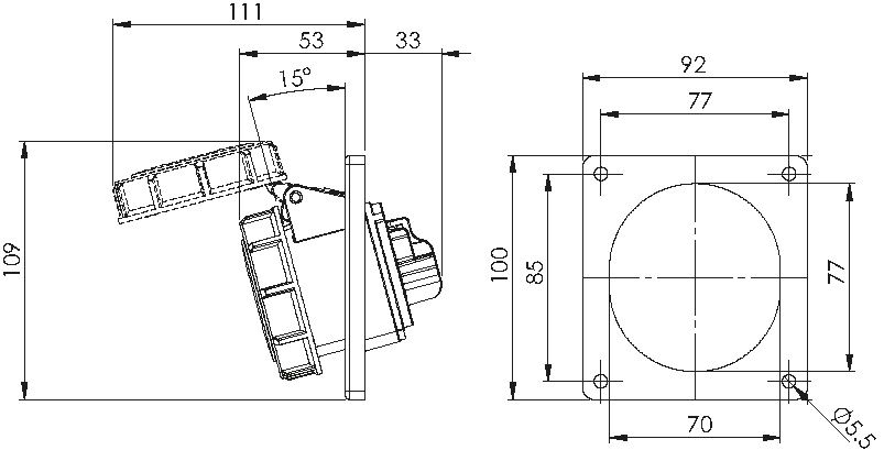 Plastic built-in socket CEE 16A/500V, 3P+PE/7h, IP67,