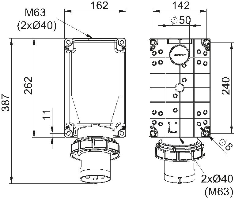 Plastic wall plug CEE 125A/400V, 3P+PE/6h, IP67