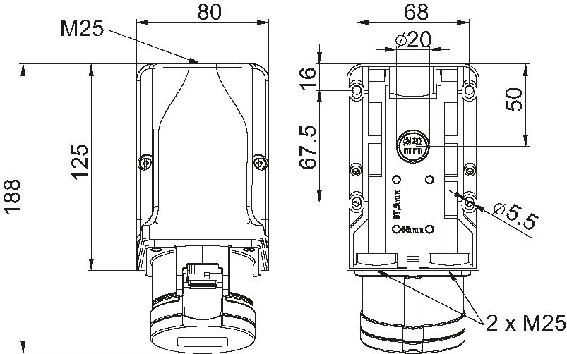 Wall socket CEE for wiring through,