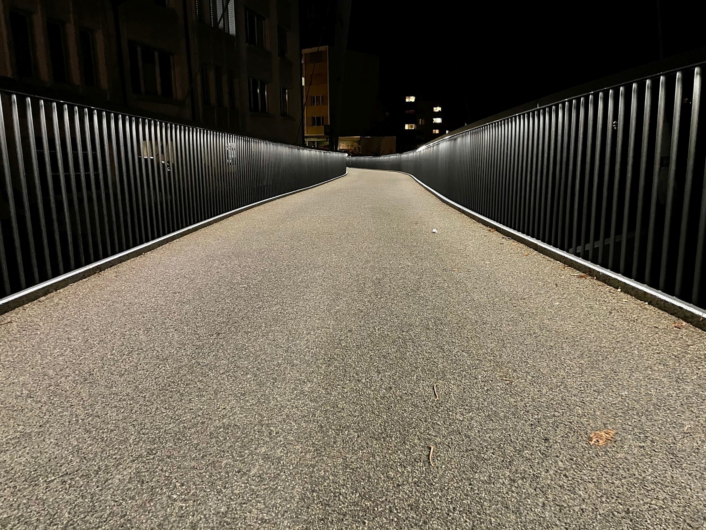 LaneLED light strip illuminates a slightly curved pedestrian path on a bridge and ensures clear orientation and safety at night